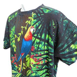 Vintage Tee T Shirt Allover Rain Forest Parrot Print Wild Oats USA Single Stitch